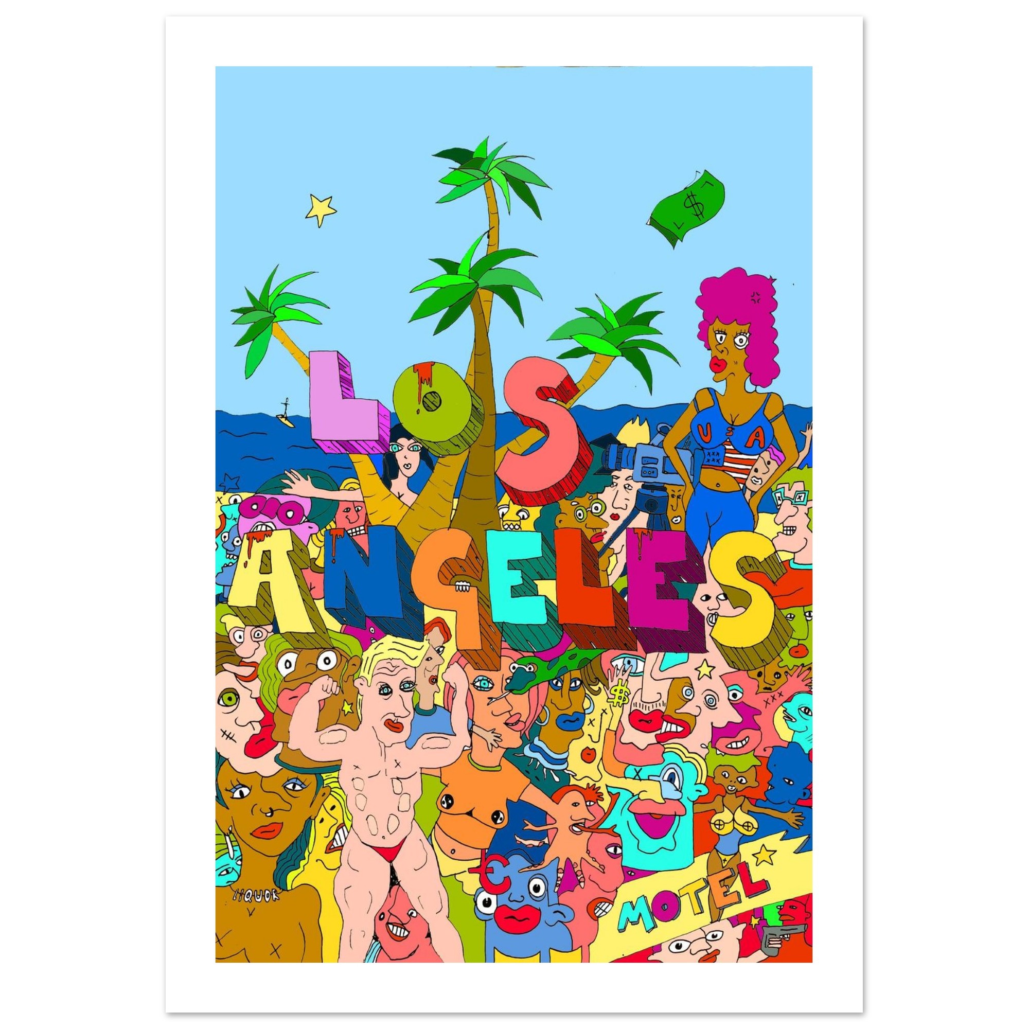 Los Angeles Meme Wall Art – Day Party Chaos Cartoon /  Classic Semi-Glossy Paper Poster 70x100 cm / 28x40″